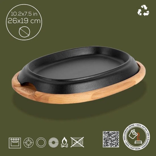 Fajita ovális főzőlap, 26 x 19 cm, fa tálalótállal - LAVA