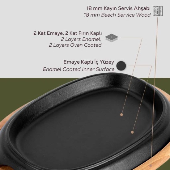 Fajita ovális főzőlap, 26 x 19 cm, fa tálalótállal - LAVA