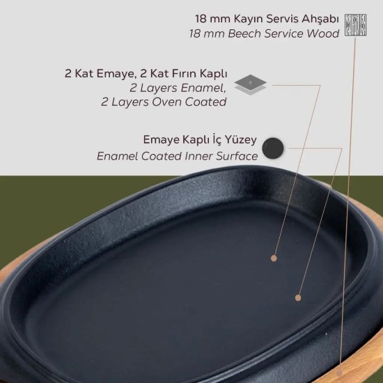 Öntöttvas főzőlap, fa tálalótálcával, 12,5 x 19 cm - LAVA