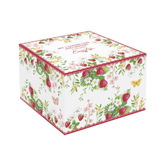 2 db-os kávéscsésze készlet csészealjakkal, porcelán, 120 ml, "Jardin des Fraises" - Easy Life