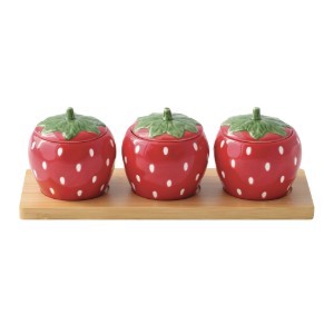3 darabos eper alakú porcelán előételtál-készlet, bambusz tálcával, "Jardin des Fraises" - Easy Life