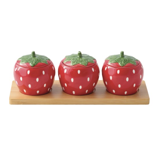 3 darabos eper alakú porcelán előételtál-készlet, bambusz tálcával, "Jardin des Fraises" - Easy Life