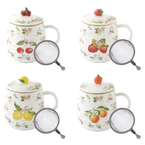 Porcelán bögre tetővel és fém betéttel, dombornyomott mintával, 450ml, "Fancy Fruit" - Easy Life