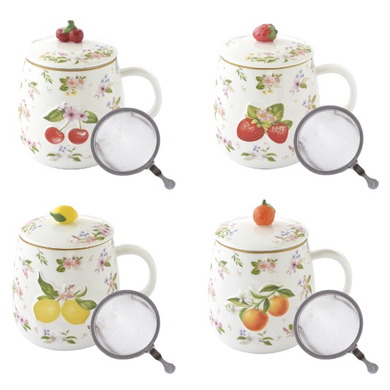Porcelán bögre tetővel és fém betéttel, dombornyomott mintával, 450ml, "Fancy Fruit" - Easy Life