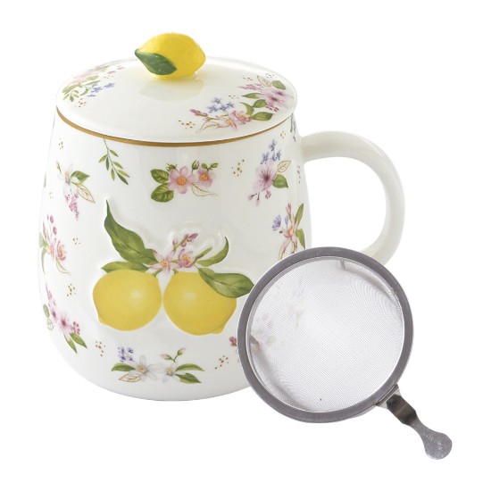 Porcelán bögre tetővel és fém betéttel, dombornyomott mintával, 450ml, "Fancy Fruit" - Easy Life