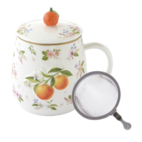 Porcelán bögre tetővel és fém betéttel, dombornyomott mintával, 450ml, "Fancy Fruit" - Easy Life