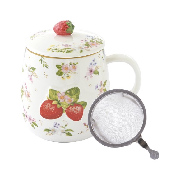 Porcelán bögre tetővel és fém betéttel, dombornyomott mintával, 450ml, "Fancy Fruit" - Easy Life