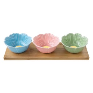 3 előételtálból álló készlet, porcelán, bambusztálcával, "Daisy" - Easy Life