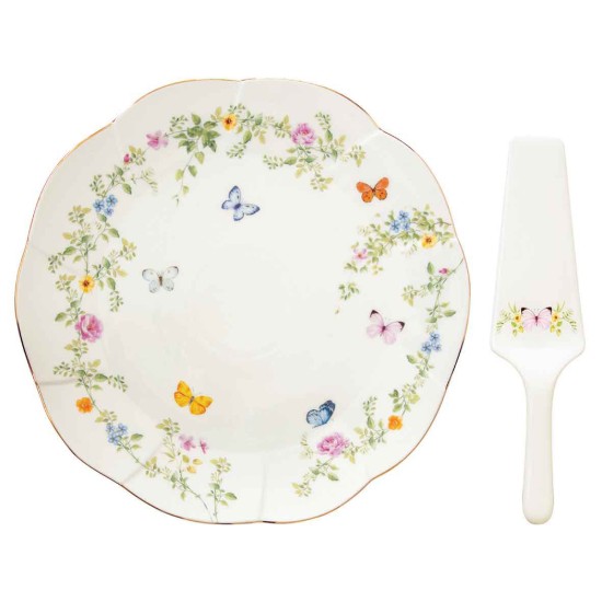 Tortatálaló készlet tálalótállal és tálaló spatulával, porcelán, 32 cm, "Dancing Butterflies" - Easy Life