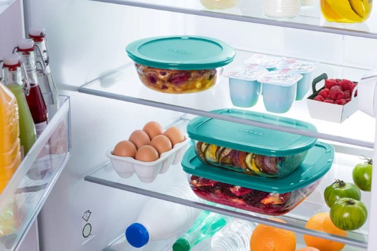 Téglalap alakú élelmiszertároló tartály, fedővel, hőálló borozilikát üveg, 28 x 20 cm / 2,5 literes, "Cook&Store", kék - Pyrex
