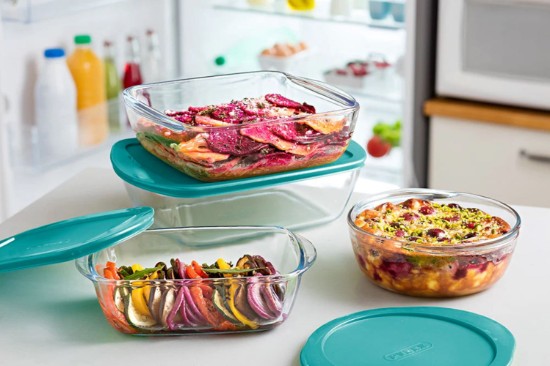 Téglalap alakú élelmiszertároló tartály, fedővel, hőálló borozilikát üveg, 28 x 20 cm / 2,5 literes, "Cook&Store", kék - Pyrex