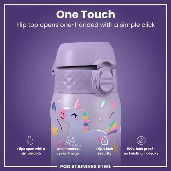 Gyermek vizespalack, rozsdamentes acél, 400 ml, Periwinkle, Unicorns - Ion8