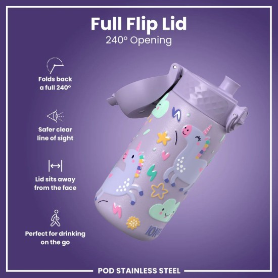 Gyermek vizespalack, rozsdamentes acél, 400 ml, Periwinkle, Unicorns - Ion8