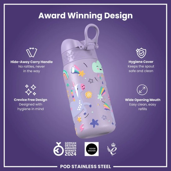 Gyermek vizespalack, rozsdamentes acél, 400 ml, Periwinkle, Unicorns - Ion8