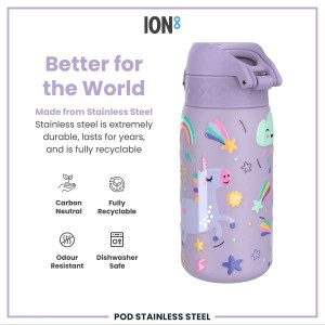 Gyermek vizespalack, rozsdamentes acél, 400 ml, Periwinkle, Unicorns - Ion8