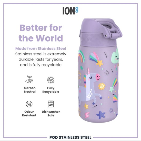 Gyermek vizespalack, rozsdamentes acél, 400 ml, Periwinkle, Unicorns - Ion8