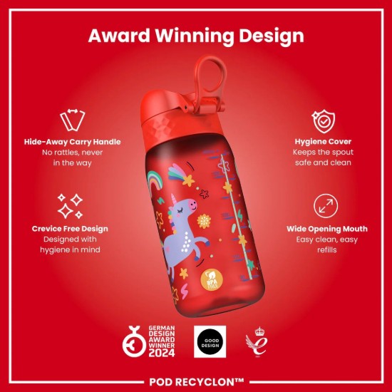 Gyerek kulacs, recyclon, 350 ml, Red Unicorns - Ion8
