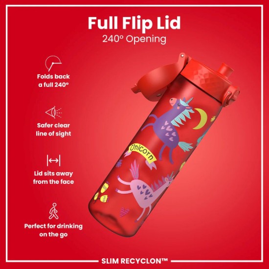 SLIM Gyermek vizespalack, újrahasznosítás, 500 ml, Red Unicorns - Ion8
