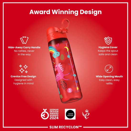 SLIM Gyermek vizespalack, újrahasznosítás, 500 ml, Red Unicorns - Ion8