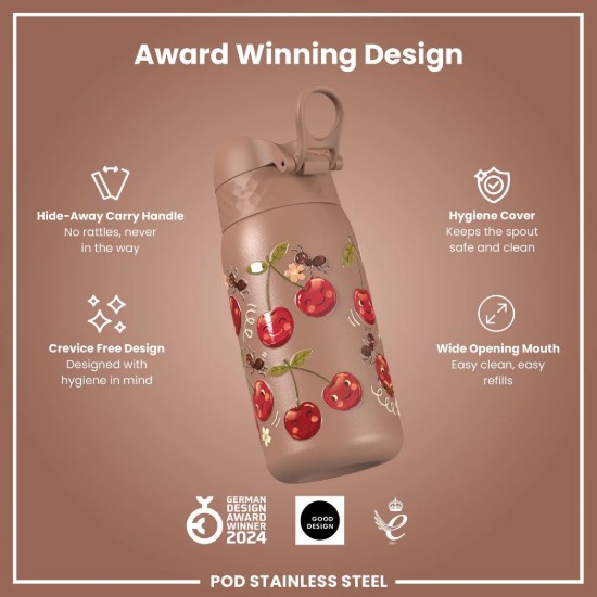 Gyermek vizespalack, rozsdamentes acél, 400 ml, Cherries - Ion8