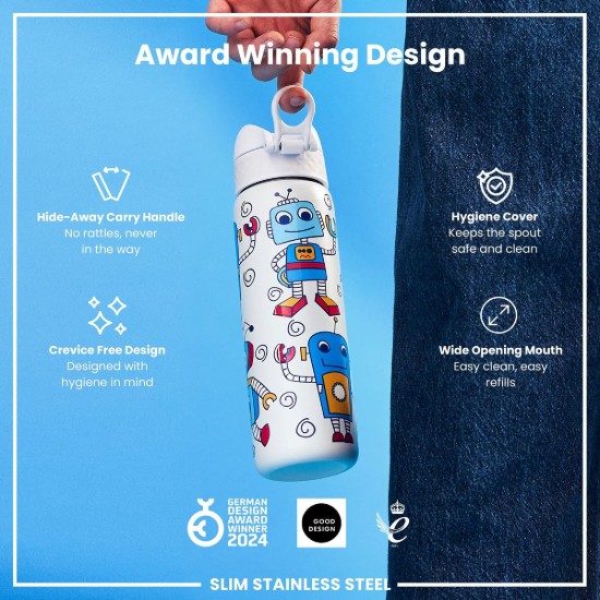 SLIM gyermek vizespalack, rozsdamentes acél, 600 ml, Robots - Ion8