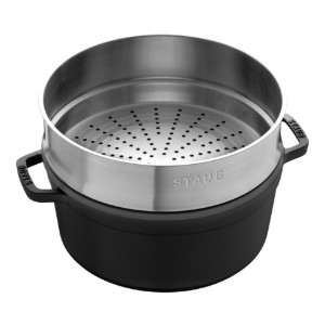 Öntöttvas Cocotte főzőedény, gőzfőző tartozékkal, 26 cm/5.2L, Black - Staub