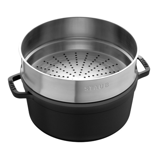 Öntöttvas Cocotte főzőedény, gőzfőző tartozékkal, 26 cm/5.2L, Black - Staub