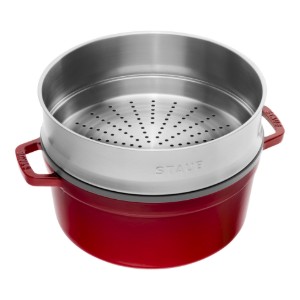 Öntöttvas Cocotte főzőedény, gőzfőző tartozékkal, 26 cm/5.2L, Cherry - Staub