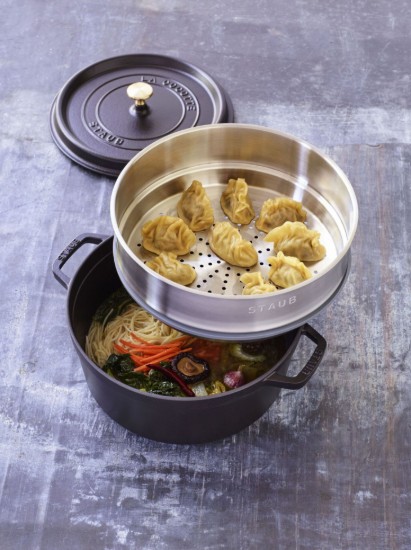 Öntöttvas Cocotte főzőedény, gőzfőző tartozékkal, 26 cm/5.2L, Black - Staub