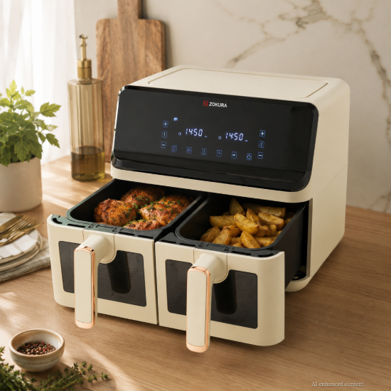 Kettős forrólevegős olajsütő, 8 L, 1350 + 1350 W, Bézs - Zokura