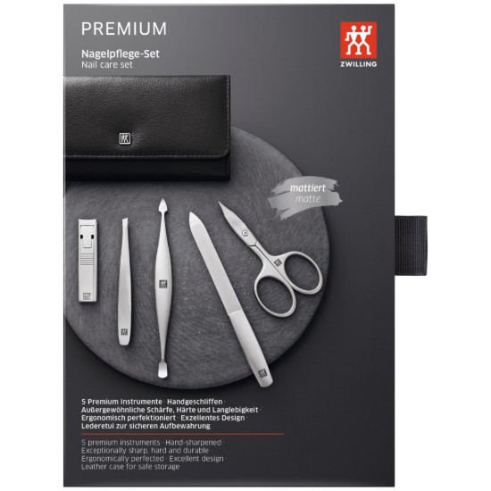 5 részes manikűr szett, szatén rozsdamentes acél, fekete bőrtok, PREMIUM - Zwilling