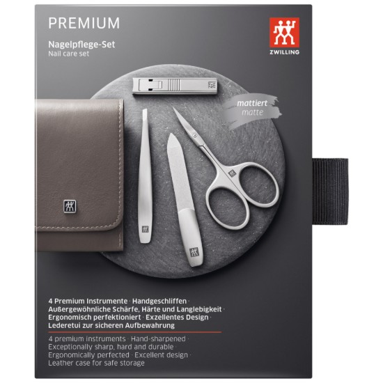 4 részes manikűr szett, rozsdamentes acél, szürke bőrtok, PREMIUM - Zwilling